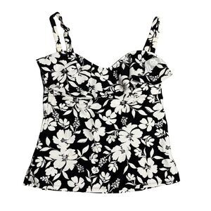 ISLAND ESCAPE Tahiti Bandini Floral Ruffle Tankini Top Black White NWT Size 10